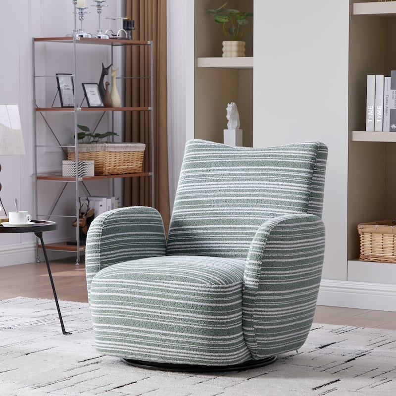 HOMEFUN Boucle Upholstered 360° Swivel Fabric Striped Armrest Leisure Chair for Living room and Bedroom - Mint Green