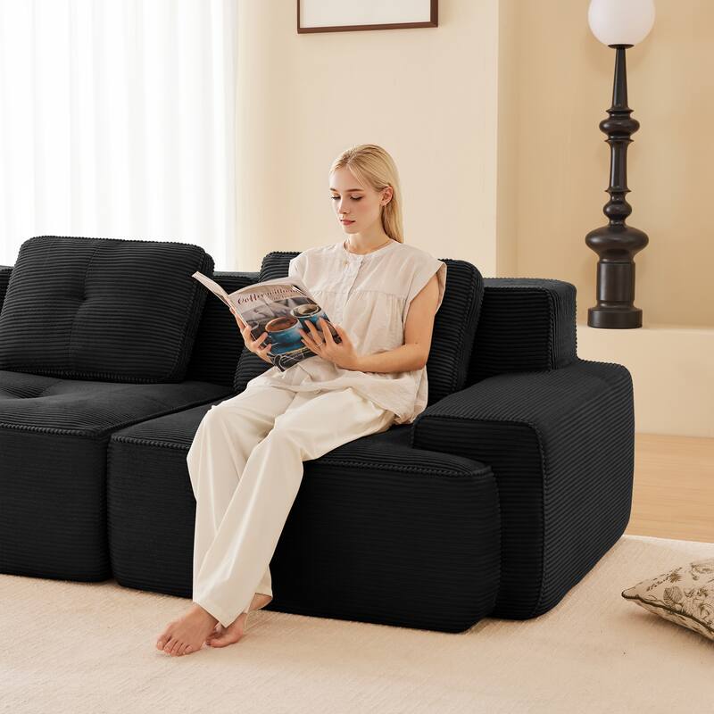 82" Tufted Sectional Sofa with Movable Ottoman, 2-Seater Corduroy Couch for Living Room, Floor Upholstered Leisure Loveseat