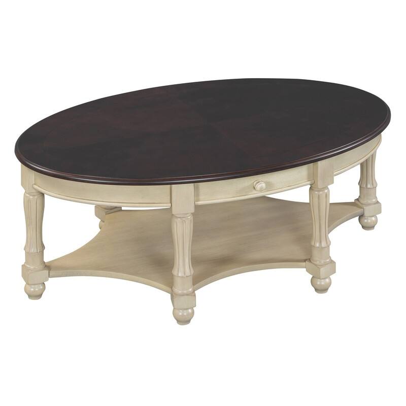 Vintage 45" Oval Coffee Table with Drawer and Storage Shelf, Elegant French Country Living Room Accent Table