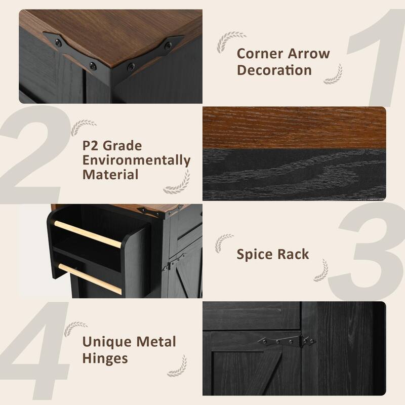 Black Drop-leaf Kitchen Island on Wheels with Closed Storage Cabinet