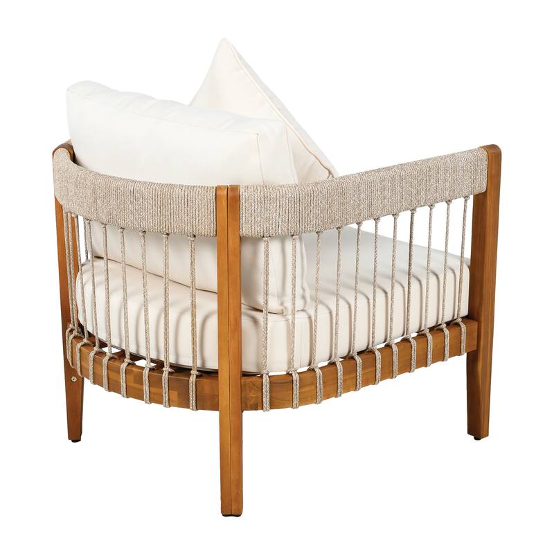 3 Pcs Set Acacia Wood Outdoor Club Chair with Handwoven Rope Accents & Curved Backrest Chair with Removable Cushions
