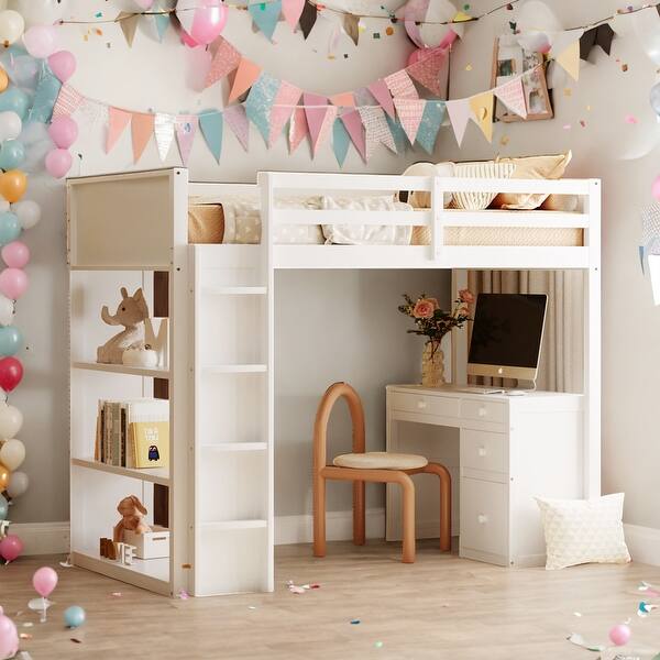 slide 2 of 9, Twin Size Loft Bed With Ladder,Shelves and Desk for Home White