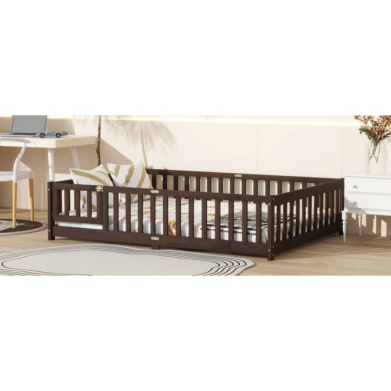 Roomfitters Twin/Full/Queen Rubber Wood Floor Bed with Fence and Swing Door, Safety Guardrails, Low Profile Design