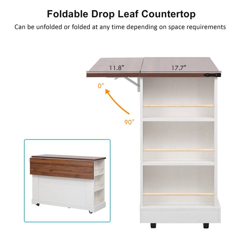 53" Farmhouse Kitchen Island with Drop Leaf & Power Outlet, Rolling Kitchen Cart with Glass Doors, 5 Side Racks & 3 Drawers