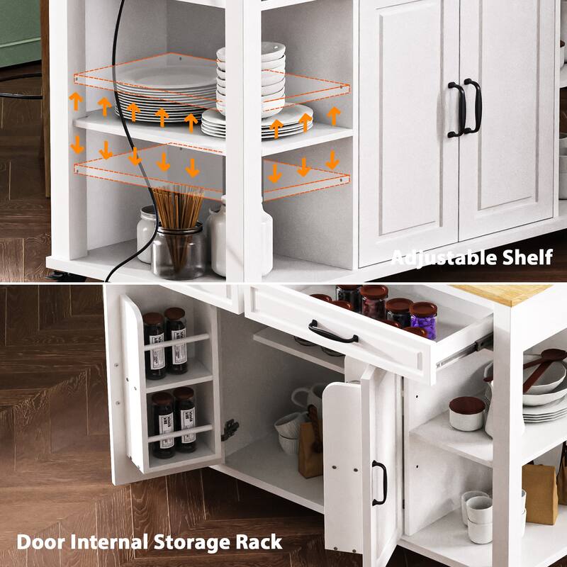 Kitchen Island with 2 Drawers and 2 Cabinet, Extendable Storage Table with Internal Storage Rack, Power Outlet for Living Room
