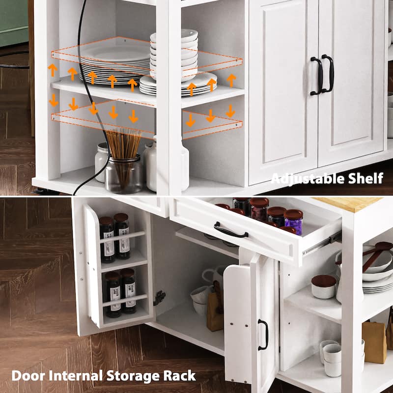 Modern Kitchen Island with Retractable Dining Table, Interior Storage Shelf, Power Socket, 2 Drawers and 2 Cabinets, for Kitchen