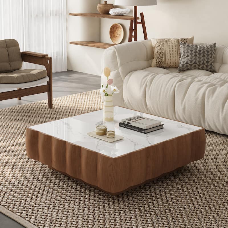 36" Mid-Century Modern Coffee Table - Curved Edge Sintered Stone & Solid Wood Veneer Frame with Hidden Storage Drawer - Marble/Slate