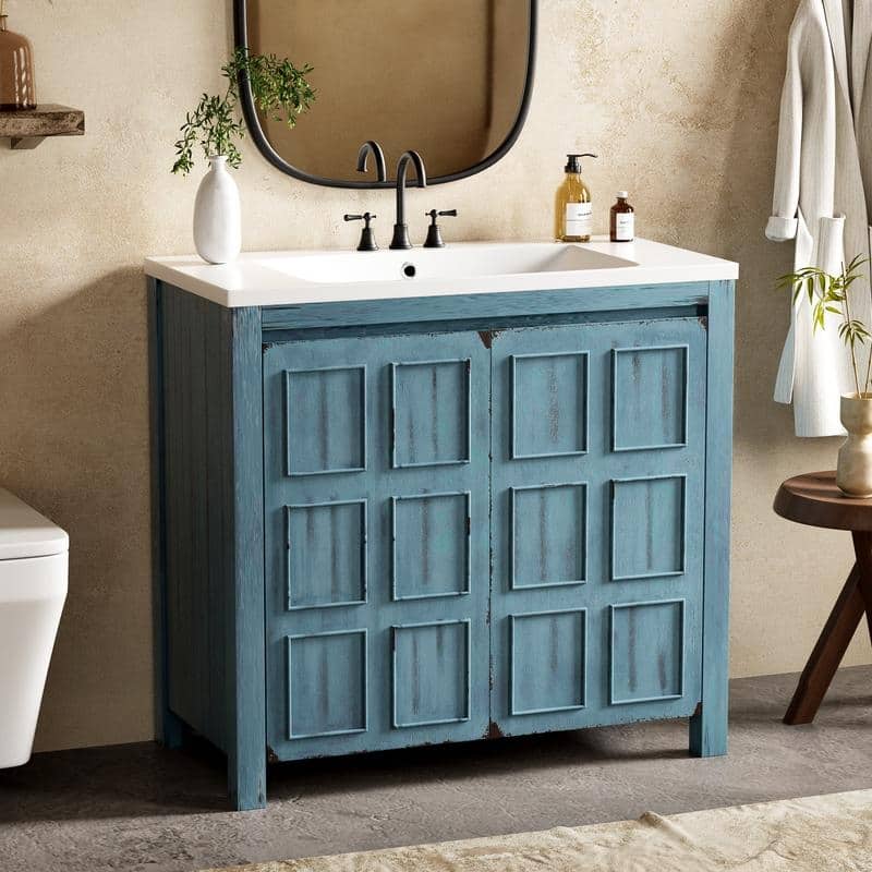 36" Retro Bathroom Vanity Organizer with Sink, Combo Cabinet Set, Bathroom Storage Cabinet - Retro Blue