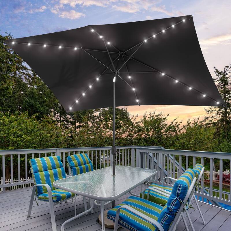 Bonosuki 10 x 6.5ft LED Patio Rectangular Umbrella Outdoor Market Umbrella Aluminium/Steel with Tilt and Crank - Black
