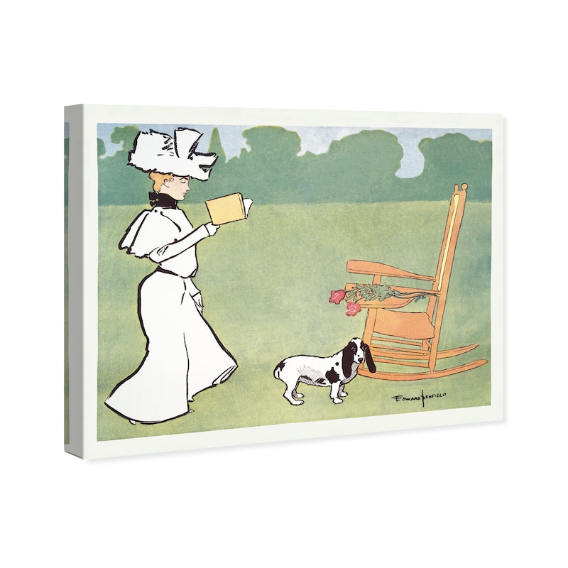 Wynwood Studio Canvas Entertainment Woman reading in the garden - Edward Penfield Green and Vintage Wall Art Canvas Print