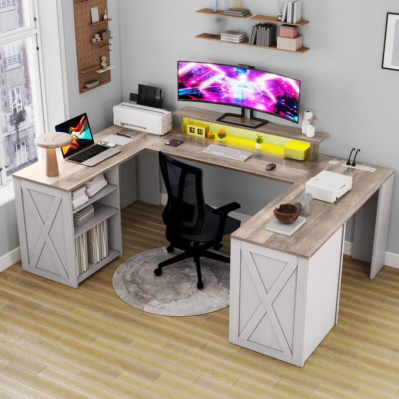 Moasis Farmhouse U-Shaped Desk with LED Lights & Power Outlet