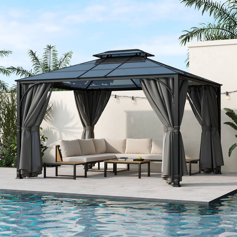 10x12 Hardtop Outdoor Gazebo, Heavy Duty Double Roof Patio Gazebo with Aluminum Frame - Grey