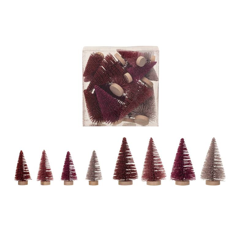 Sisal Bottle Brush Trees with Wood Bases, Set of 16 - Burgundy, Pink