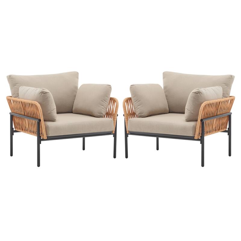 Modern Rattan Lounge Chair with Metal Frame & Cushions Patio Rope Weave Accent Armchair for Indoor, Poolside, Garden, Set of 2