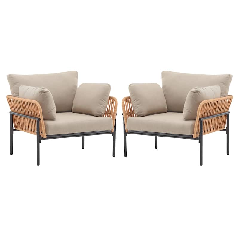 Roomfitters 36" Outdoor Lounge Chair with Rope Weave, Metal Frame and Beige Cushions, Modern Patio Armchair