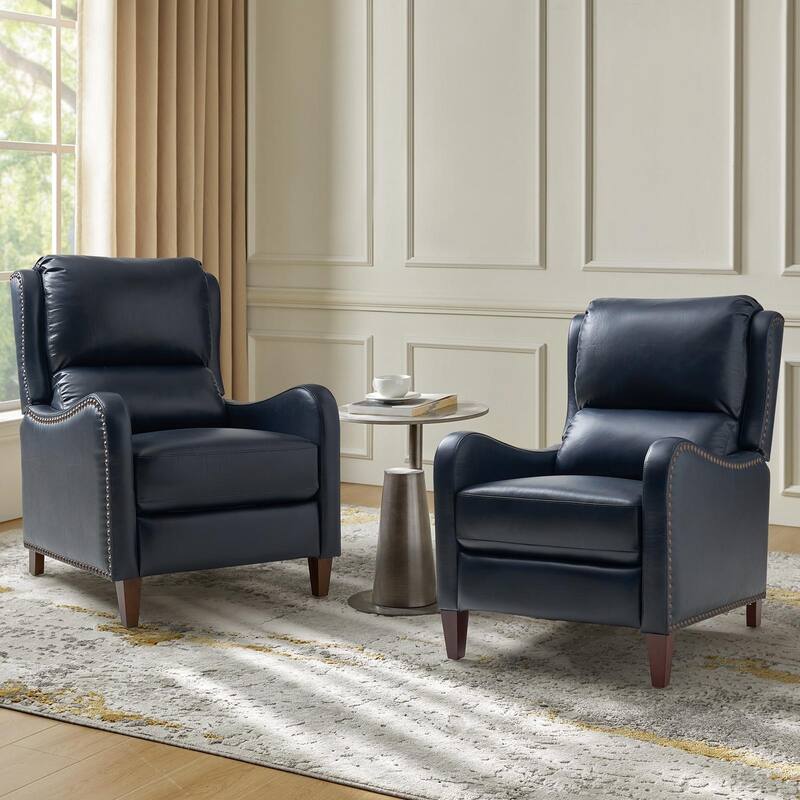 Brigida Modern Genuine Leather Nailhead Trim Recliner with Adjustable Footrest Set of 2 by HULALA HOME - NAVY