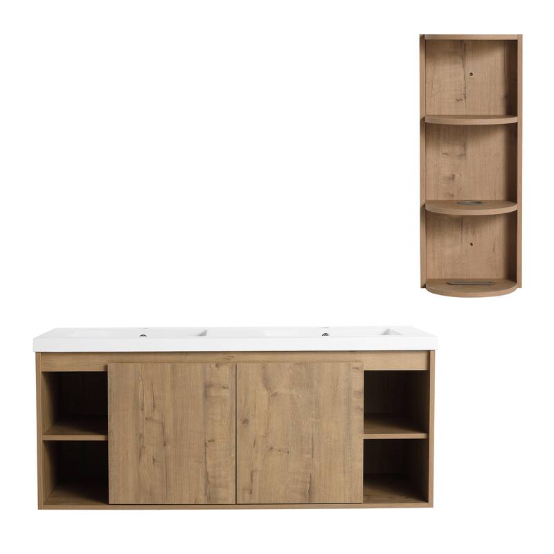 Wall-Mounted Bathroom Vanity With Double Sink and Storage Rack
