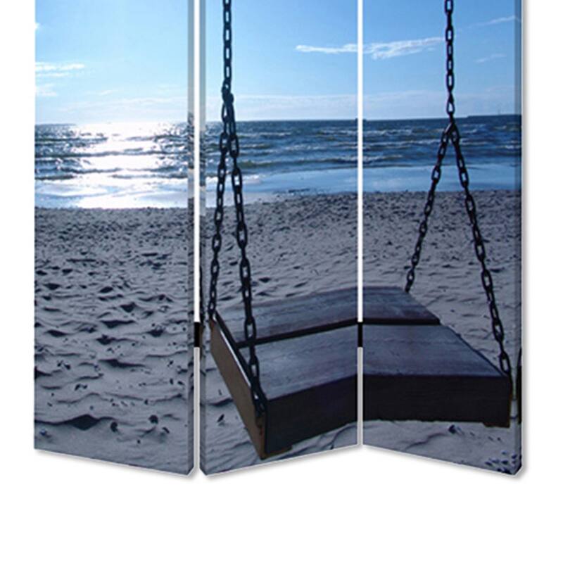 Wooden 3 Panel Room Divider with Seaside Screen Pattern, Blue and Gray