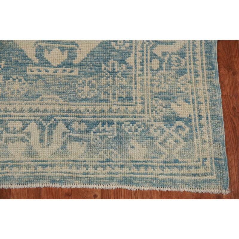 Hand Knotted Oriental 100% Wool Carpet Transitional Geometric Navy Blue & Blues Oushak Runner Rug - 14' 2'' X 3' 1''
