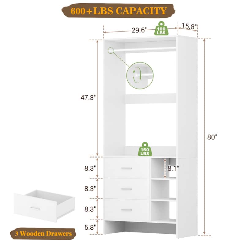 Cimly 30'' W Freestanding Closet Sytem with Hanging Rod, Closet Organizer with Drawers and Shelves