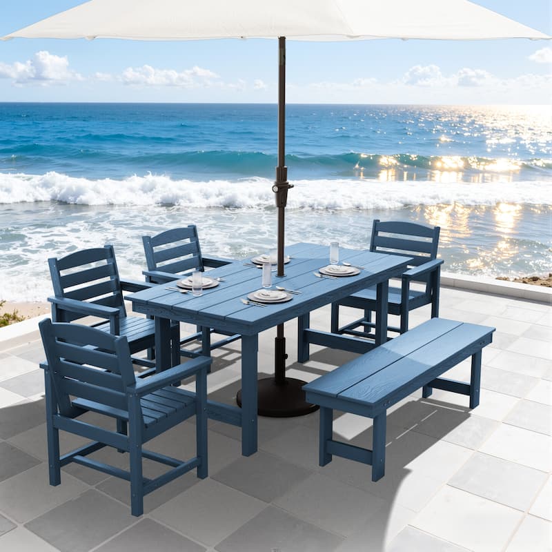 6-Piece HDPE Outdoor Dining Table Sets with Umbrella Hole - 1-Table 4-Chairs-1-Bench