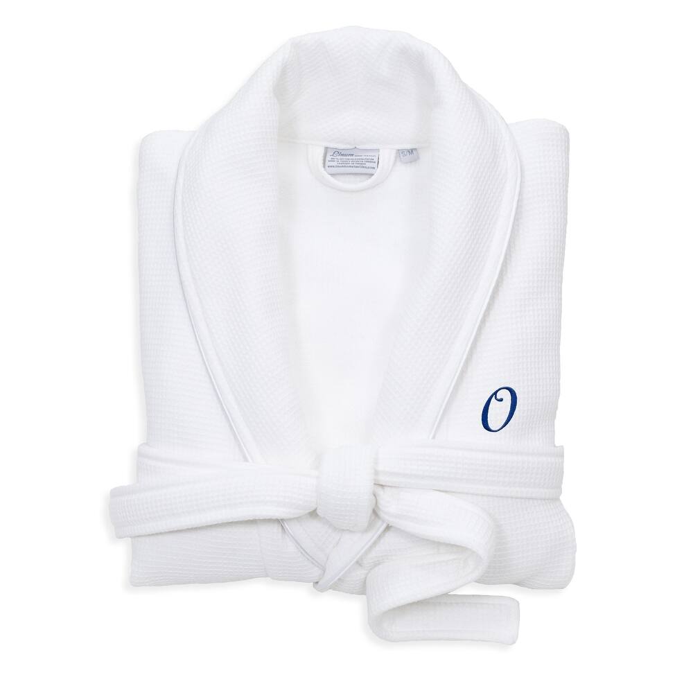 Authentic Hotel and Spa White Unisex Turkish Cotton Waffle Weave Terry Bath Robe with Navy Script Monogram