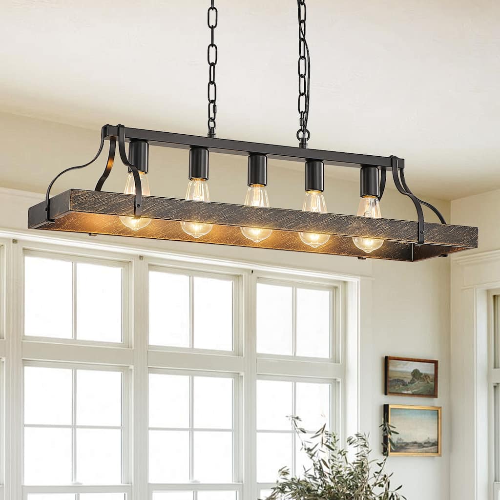 Black Gold Vintage Pendant Light with Adjustable suspension Chain 5 E26 Bulb Sockets, for Dining Room, Kitchen Living Room