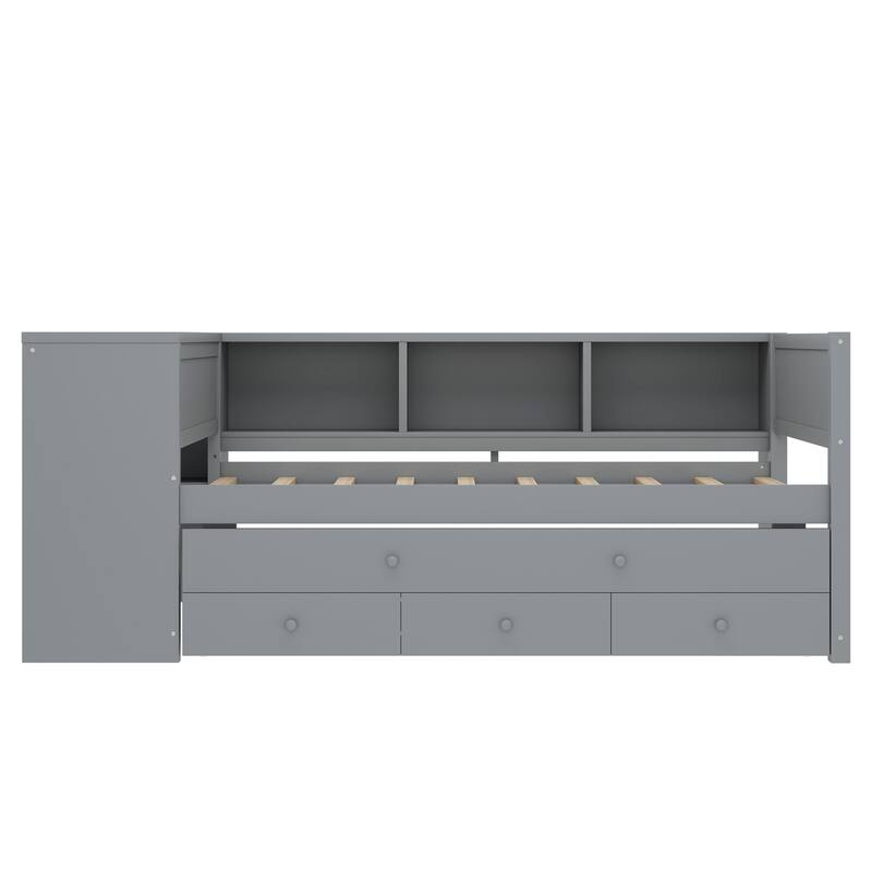 Twin Size Daybed with Trundle, Built-in Shelves, Drawers and Side Desk