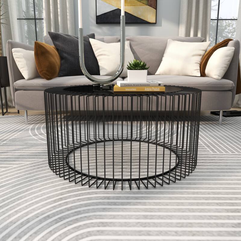 Metal Open Wire Frame Coffee Table with Shaded Glass Top - Black - Roche River Decor