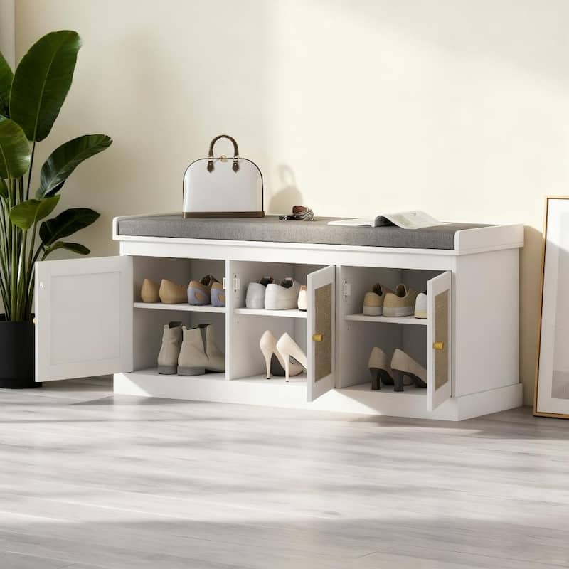 Shoe Storage Bench with Woven Rattan Doors, Shoe Bench with Cushion