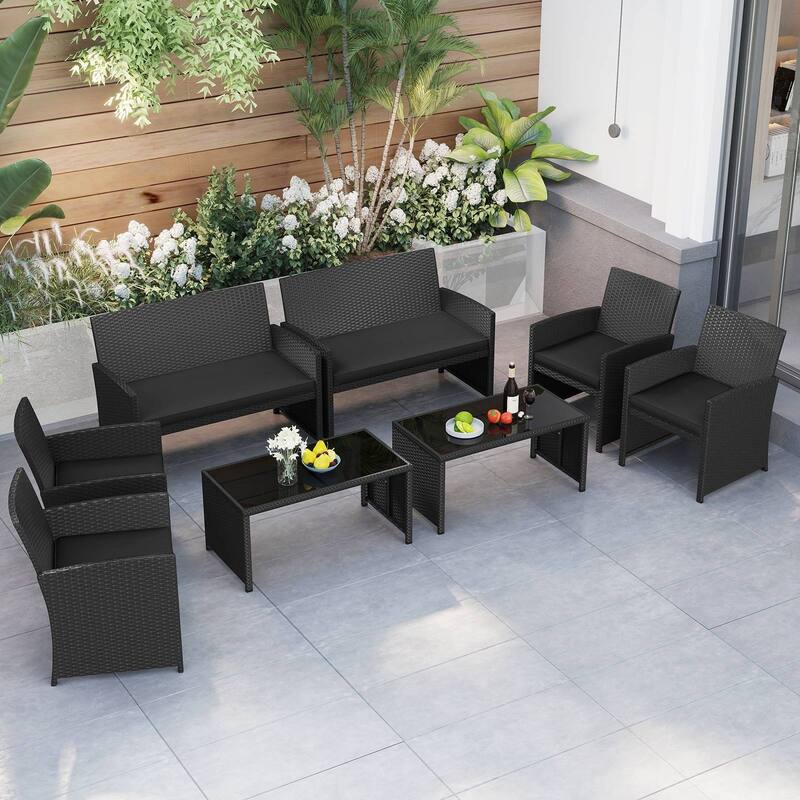 Gymax Set of 8 Patio Conversation Set w/Seat Cushions & Tempered Glass