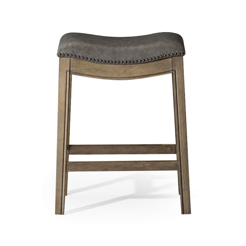 HomeRoots 26" Stone and Oak Faux Leather and Solid Wood Backless Counter Height Bar Chair