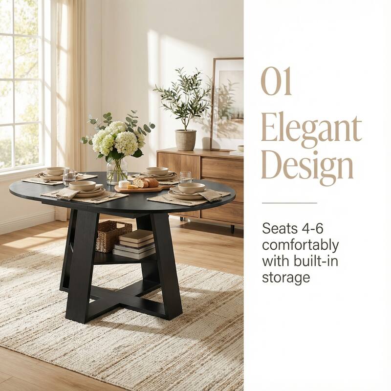 43"-59" Extendable Oval Dining Table with Storage Base, Modern Round to Oval Kitchen Table