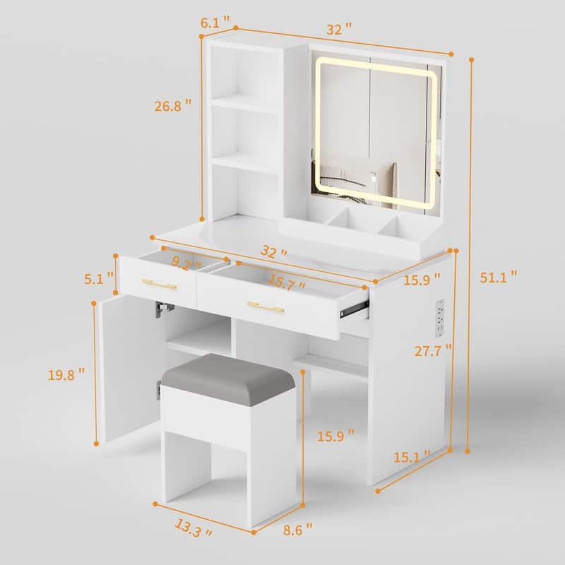 Vanity Dresser with Mirror and Stool Set Storage Drawers Luxury Furniture