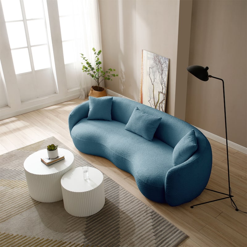 Modern Blue Curved Boucle Fabric Couch for Bedroom, Apartment