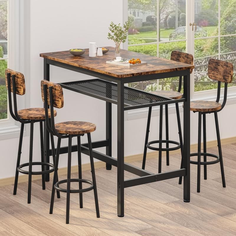 5-Piece Industrial Bar Table Set with Metal Shelf, Dining Set, Counter Height Table & 4 Bar Stools - Brown