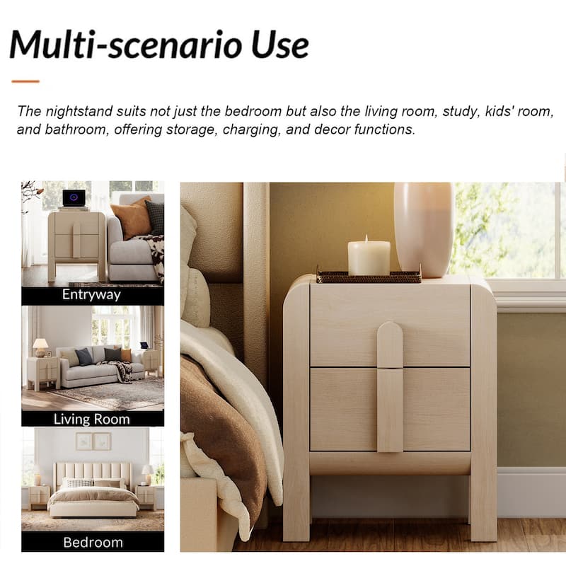 WAMPAT Modern Wood Nightstand With 2 Drawers ,Curved Mid-Century End Table With Built-In Charging Station For Bedroom