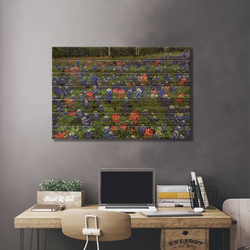 Bluebonnet And Paintbrush Meadow, Cedar Hill State Park, Texas Print On Wood by Tim Fitzharris - Multi-Color