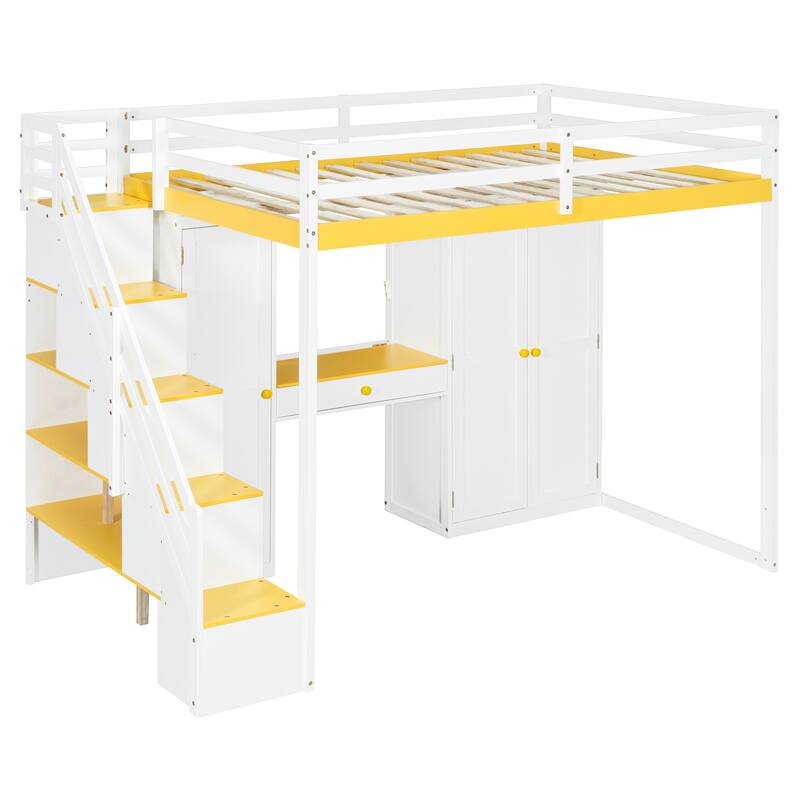 Full Size Loft Bed with Storage Staircase, Built-in Dressing Table, Mirror & Wardrobe - USB Charging & Lights