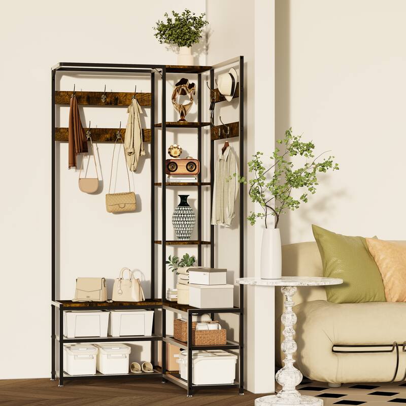 Industrial Hall Tree with Shoe Storage Bench Corner Display Shelf