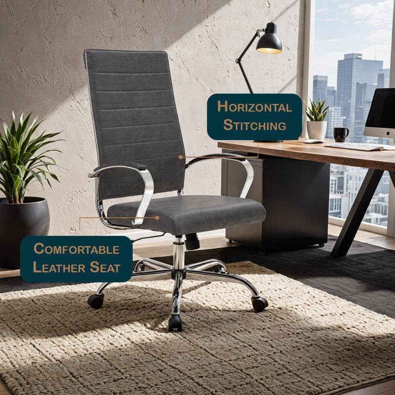 Benmar High-Back Leather Office Desk Chair in Stainless Steel Frame Adjustable Height Tilt Lock 360 Swivel Ergonomic Chair