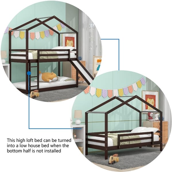 slide 2 of 36, Wooden Twin House Bunk Bed wGuardrails, Convertible Ladder, Slide Espresso - Twin