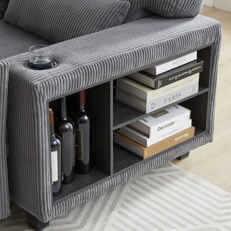 102.75" Corduroy L-Shaped Modular Sectional Sofa with Storage and Cup Holder