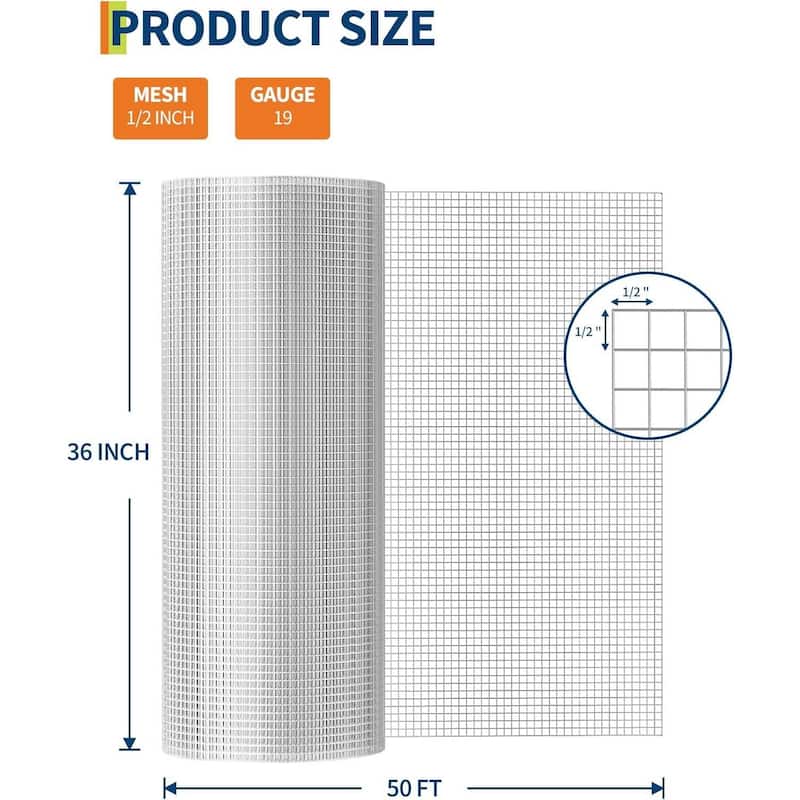 36in x 50ft 19 Gauge Galvanized Hardware Cloth, Garden Netting for Chicken Wire Fencing Roll, Silver - 36in x 50ft