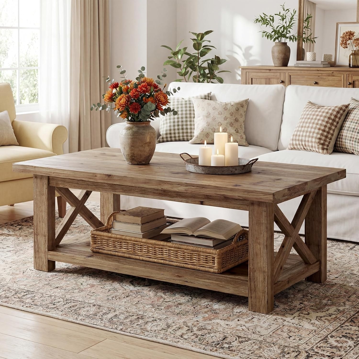 Solid Wood Coffee Tables for Living Room, 2-Tier Farmhouse Rectangular Center Table, Accent Cocktail Tea Table