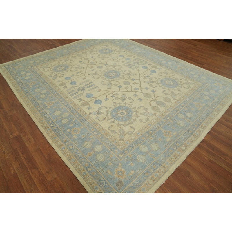 Vegetable Dye Wool Oushak Turkish Area Rug, Floral Geometric Carpet - 9' 8'' X 8' 0''