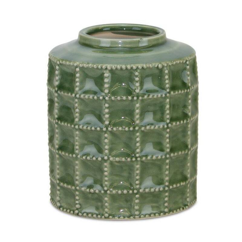 Green Terracotta Geometric Cylinder Table Vase with Glazed Finish - Green