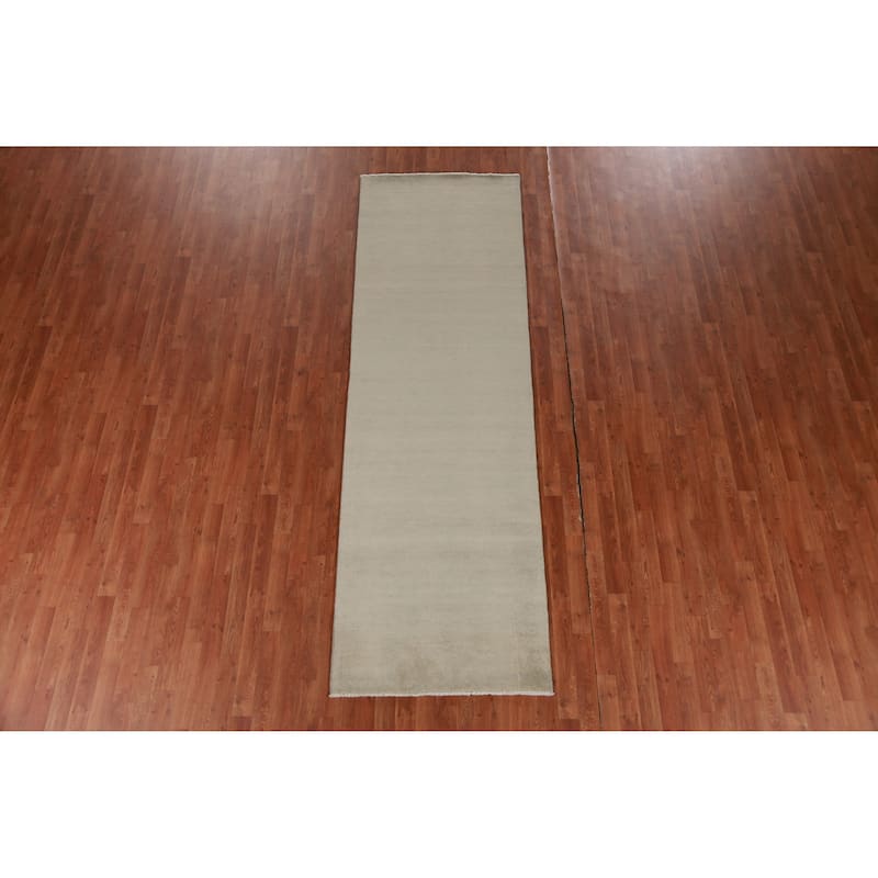 Hand Knotted Oriental 100% Wool Carpet Modern Solid Green Gabbeh Runner Rug - 10' 0'' X 3' 1''