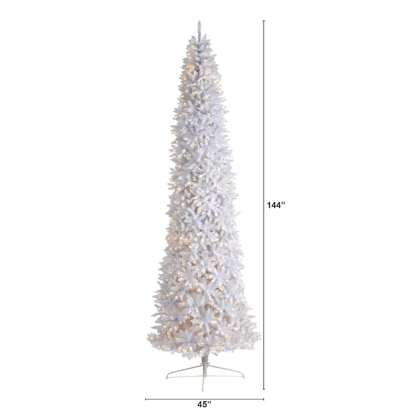 12’ Pre-Lit Slim White Artificial Christmas Tree, Warm Clear LED Lights - over-10-feet