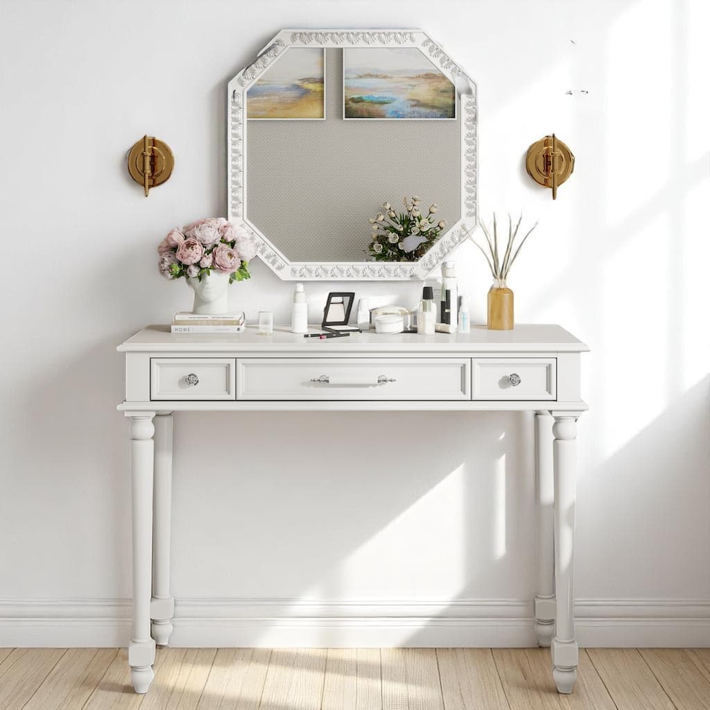 Retro Vanity Table with Octagon Mirror, Jewelry Drawer, Carved Details, and Solid Wood Legs, 39.4" Console Desk